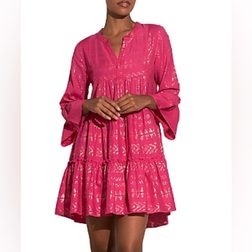 Elan Hot Pink Tiered Mini Dress with Metallic Accents